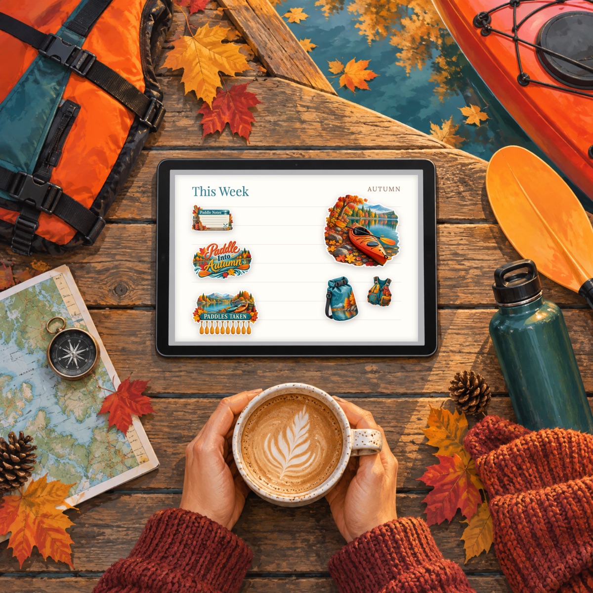 A tablet showing a planner page decorated with autumn kayaking stickers, beside a cup of cocoa